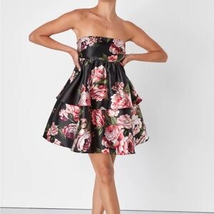 Lulu's Black and Pink Floral Taffeta Strapless Dress